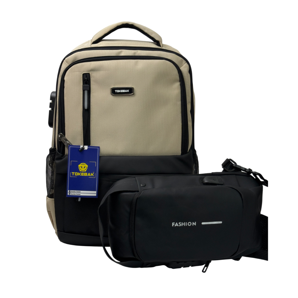 MOCHILA TOKEBAK ROMBO CREMA + MORRAL ANTIRROBO