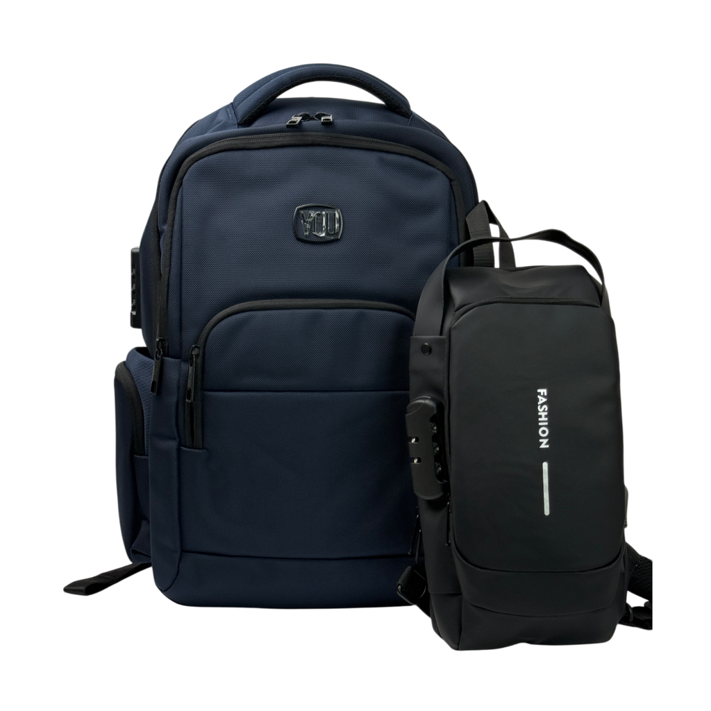 MOCHILA YOU TERRENO AZUL + MORRAL ANTIRROBO