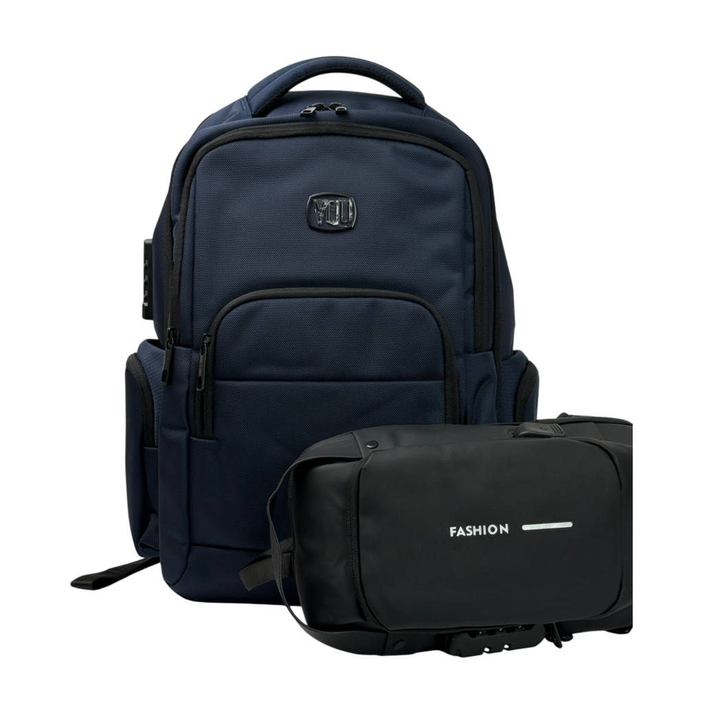 MOCHILA YOU TERRENO AZUL + MORRAL ANTIRROBO