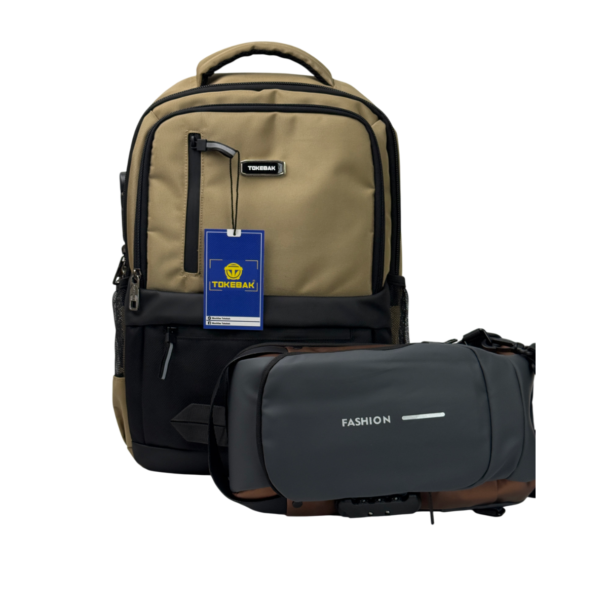 MOCHILA TOKEBAK ROMBO - BEIGE + MORRAL ANTIRROBO